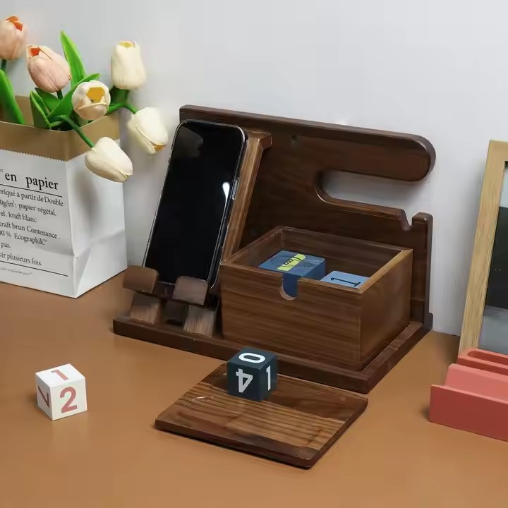 Walnut Wood Phone Stand, Desktop Wooden Phone Holder for Office Mobile Phone Stand with Storage Compartment
