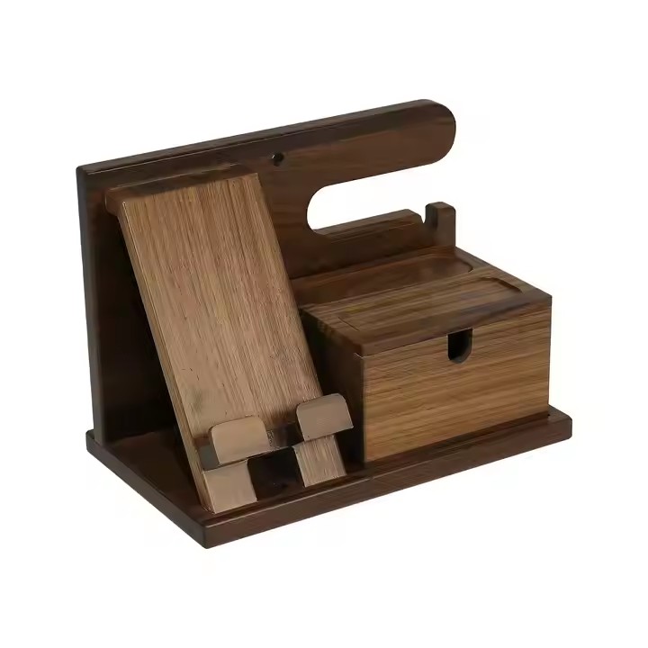 Walnut Wood Phone Stand, Desktop Wooden Phone Holder for Office Mobile Phone Stand with Storage Compartment