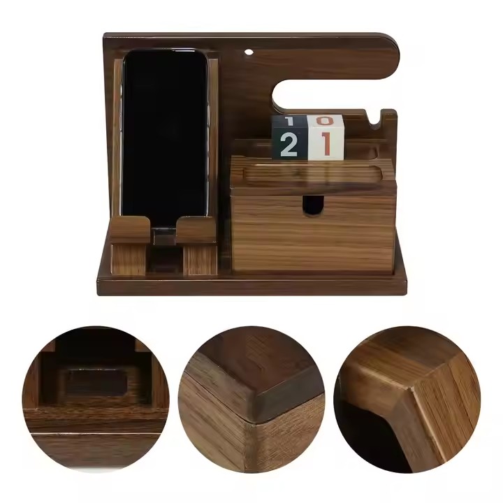Walnut Wood Phone Stand, Desktop Wooden Phone Holder for Office Mobile Phone Stand with Storage Compartment