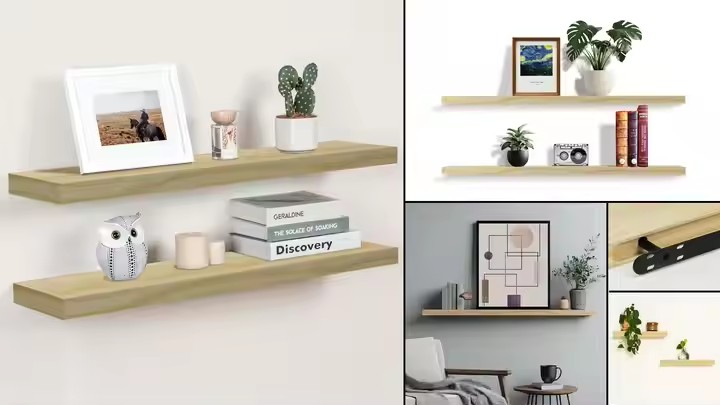 Decorative Wooden Shelf Homeware Storage Shelf With Hooks Brown Display Shelf