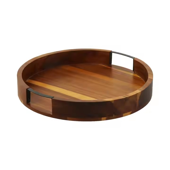 FSC&BSCI Round Wooden Serving Tray with Handles,Wood Serving Trays for Ottoman,Rustic Acacia Wood Circle Tray