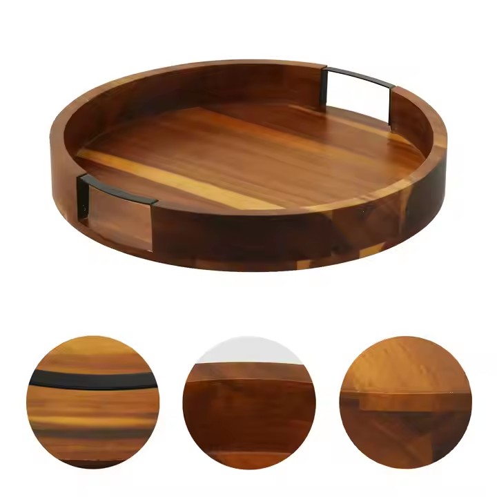 FSC&BSCI Round Wooden Serving Tray with Handles,Wood Serving Trays for Ottoman,Rustic Acacia Wood Circle Tray