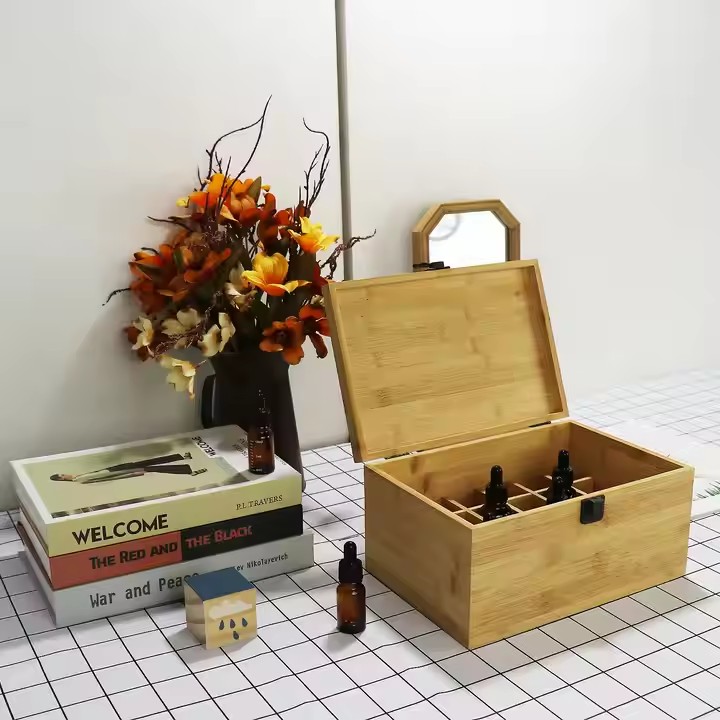 Bamboo Essential Oil Storage Box Travel Organizer Case with Bottle Cap Label - Aromatherapy Nail Polish Fragrance Container