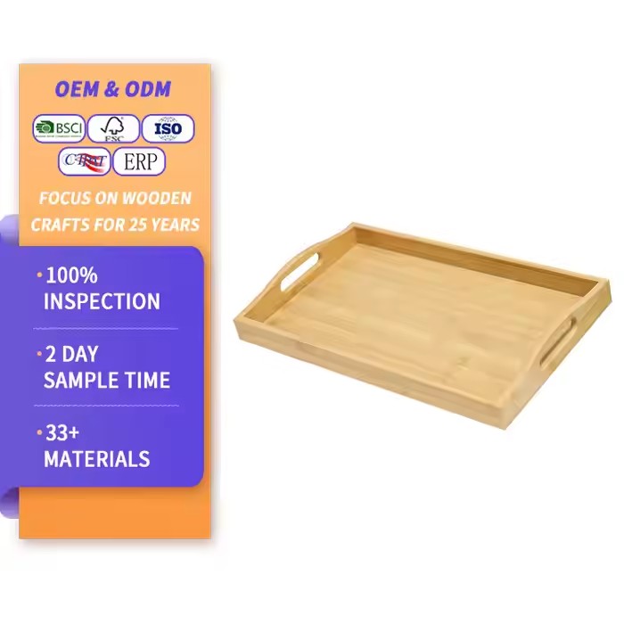 Manufacturer Custom Bamboo Wooden Serving Tray with Handles for Food,Tea,Breakfast