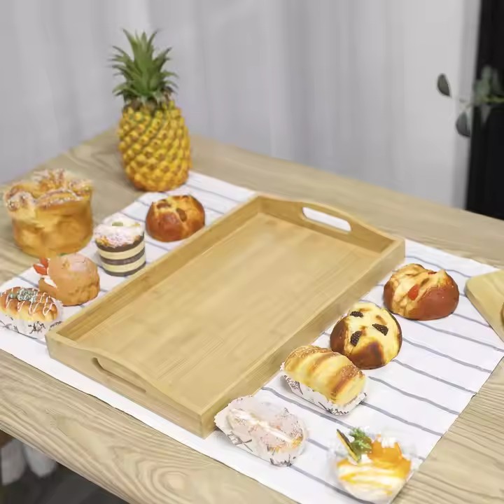 Manufacturer Custom Bamboo Wooden Serving Tray with Handles for Food,Tea,Breakfast
