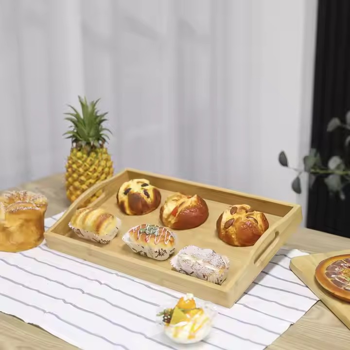 Manufacturer Custom Bamboo Wooden Serving Tray with Handles for Food,Tea,Breakfast