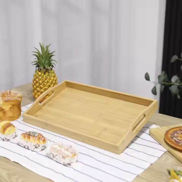 Manufacturer Custom Bamboo Wooden Serving Tray with Handles for Food,Tea,Breakfast
