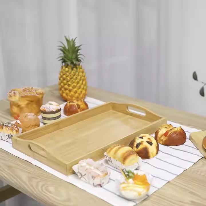Manufacturer Custom Bamboo Wooden Serving Tray with Handles for Food,Tea,Breakfast