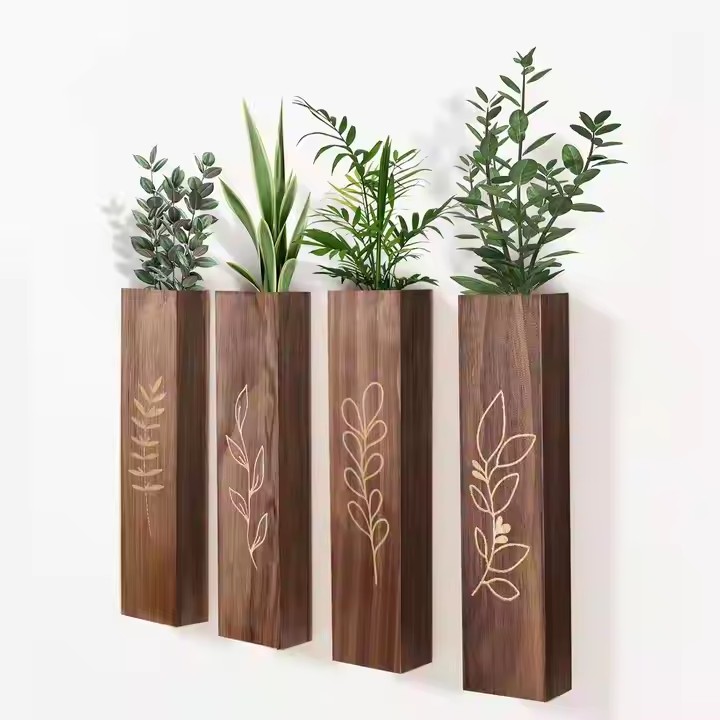Farmhouse Rustic Wood Wall Planter Indoor Wall Decor 4 Pack Wooden Dried Flowers Pocket Vases