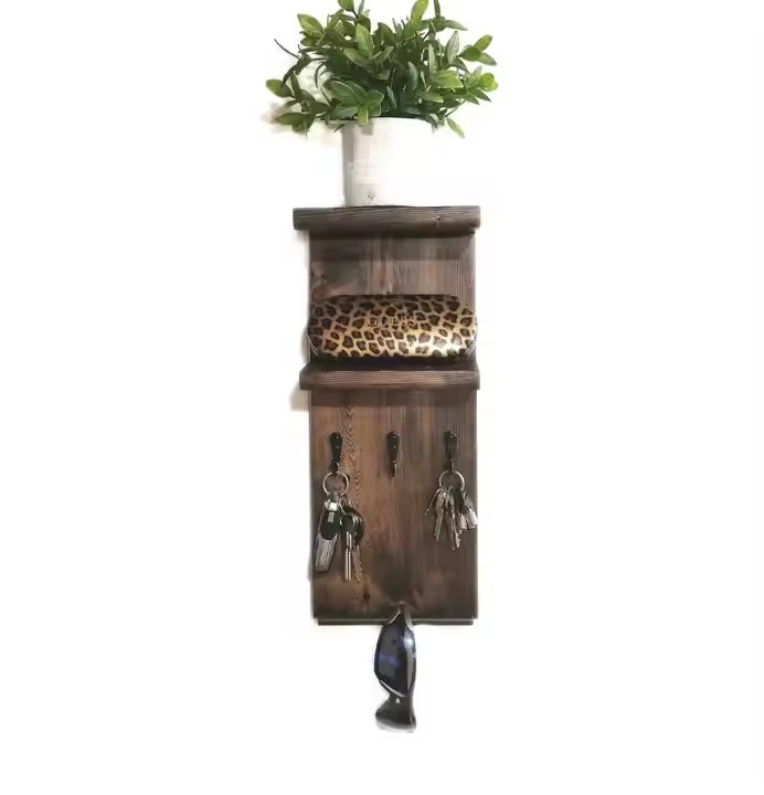 Farmhouse Rustic Wall Mounted Rustic Wooden Entryway Key Rack Mail Key Shelf with Hooks