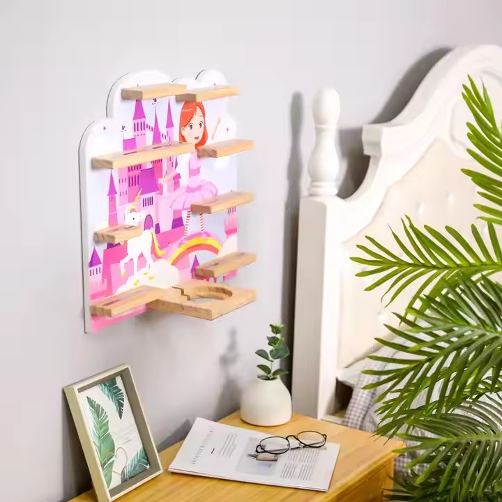 Decorative Wooden Shelf Homeware Storage Shelf With Hooks Brown Display Shelf Home and Living Room Wall Decorations