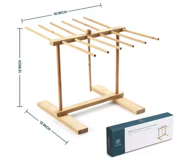 FSC&BSCI Customsized Bamboo Pasta Drying Rack with Transfer Wand and 12 Bars, Easy to Transfer for Drying Pasta and Cooking Rack