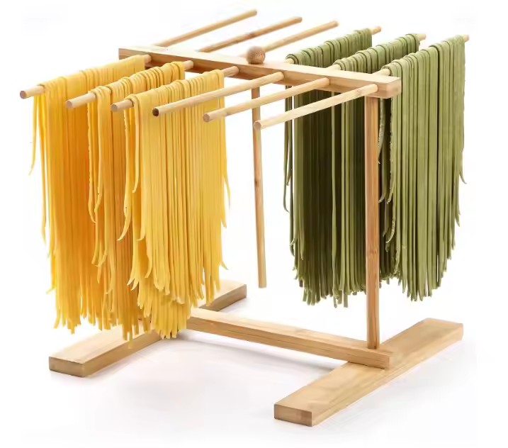 FSC&BSCI Customsized Bamboo Pasta Drying Rack with Transfer Wand and 12 Bars, Easy to Transfer for Drying Pasta and Cooking Rack