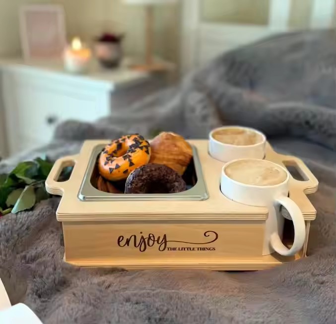 FSC BSCI Handmade Customization Farmhouse Sofa Bed Couchbar Coffee Cup Holder Wooden Drink Snack Tray
