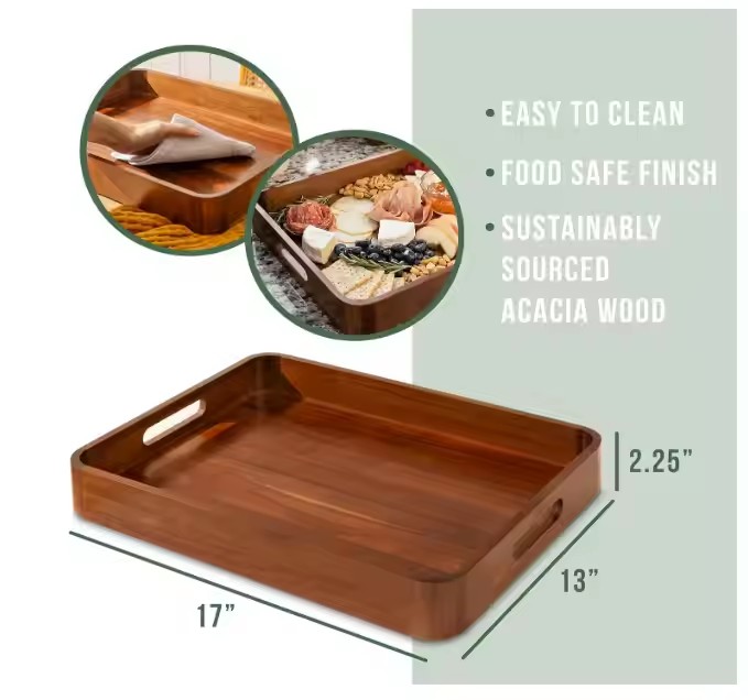 Acacia Wooden Serving Trays with Handles for Eating, Appetizers, Food, Snacks, or Home Decor, Large Wood Bed Tray or TV Tray