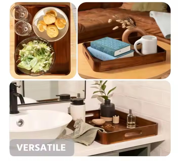Acacia Wooden Serving Trays with Handles for Eating, Appetizers, Food, Snacks, or Home Decor, Large Wood Bed Tray or TV Tray