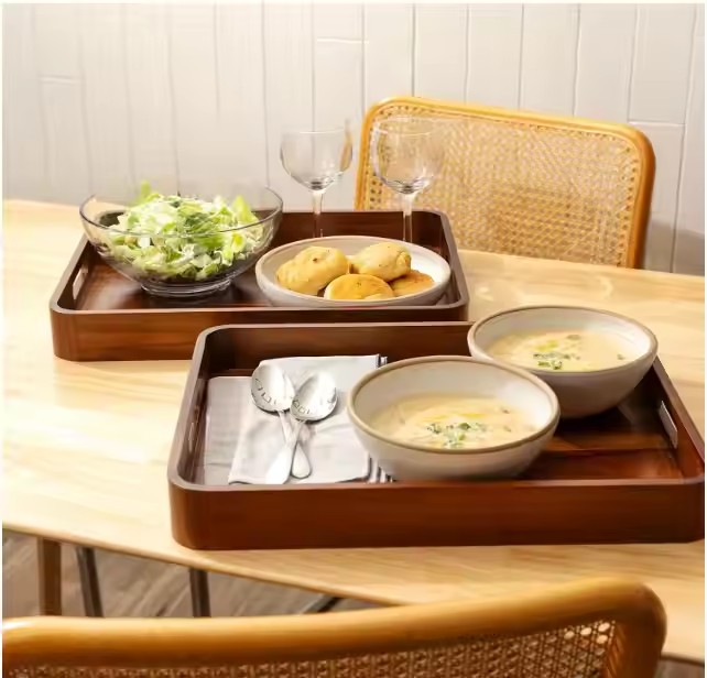 Acacia Wooden Serving Trays with Handles for Eating, Appetizers, Food, Snacks, or Home Decor, Large Wood Bed Tray or TV Tray