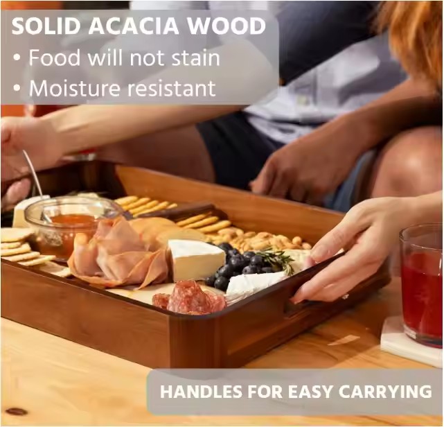 Acacia Wooden Serving Trays with Handles for Eating, Appetizers, Food, Snacks, or Home Decor, Large Wood Bed Tray or TV Tray