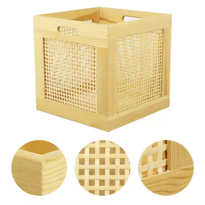 customsized Woven Wooden Basket Wood Storage Crate Box, Decorative Rustic Basket Bamboo Basket with Built-In Handles