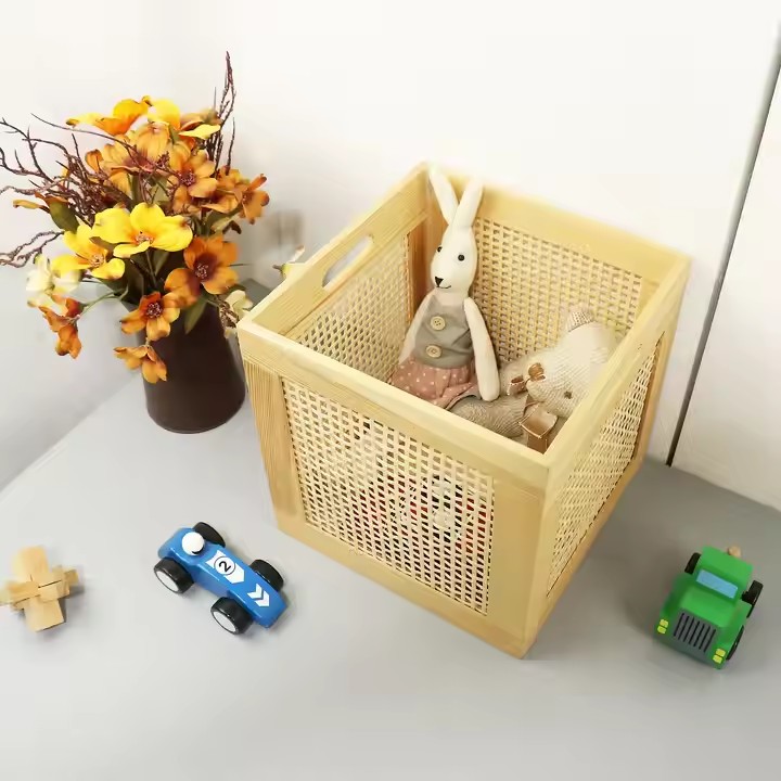 customsized Woven Wooden Basket Wood Storage Crate Box, Decorative Rustic Basket Bamboo Basket with Built-In Handles