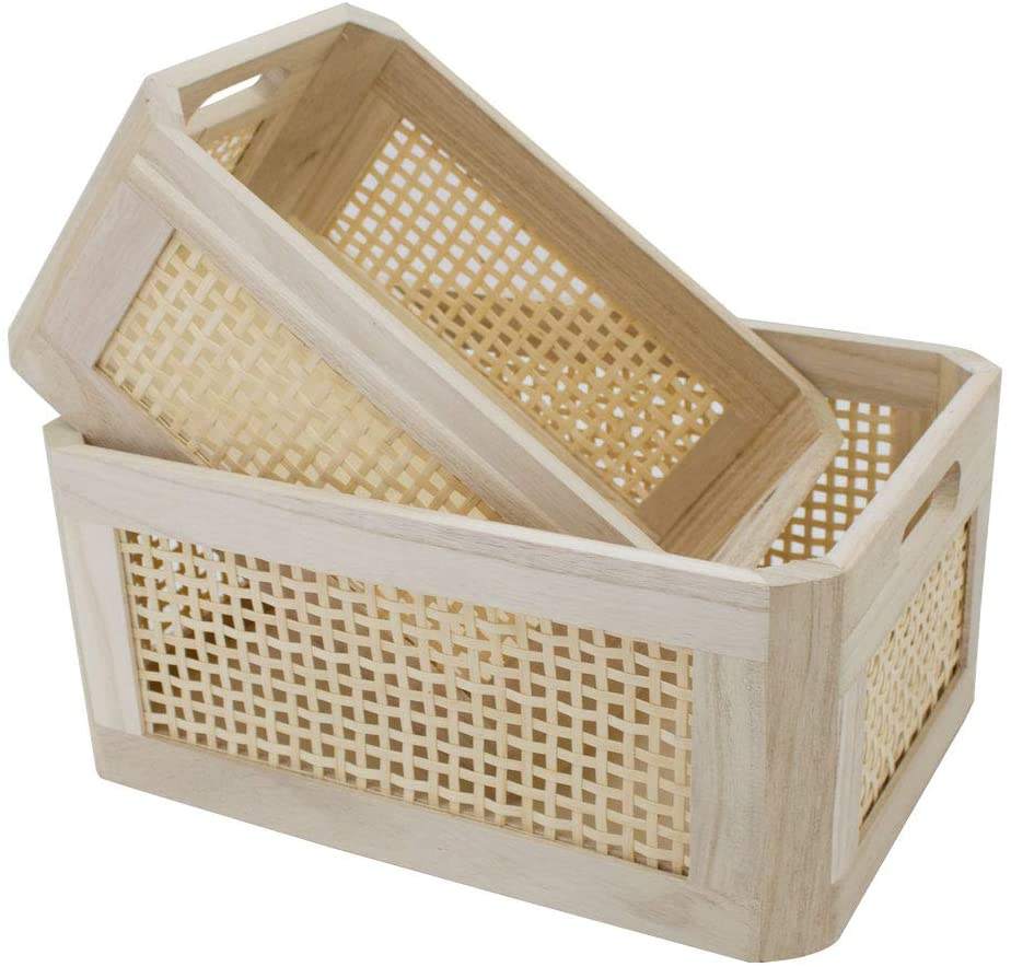 Desktop Storage Cane Basket, Wooden Bamboo Basket Sundry Office Drawer Storage Box, Wood Frame Storage Basket.