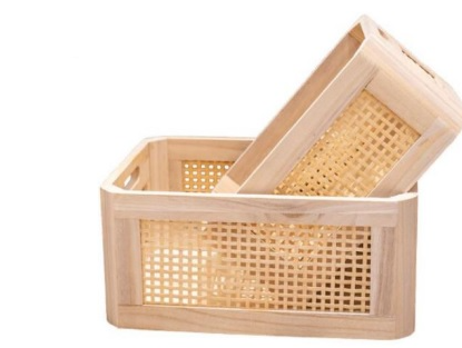 Desktop Storage Cane Basket, Wooden Bamboo Basket Sundry Office Drawer Storage Box, Wood Frame Storage Basket.