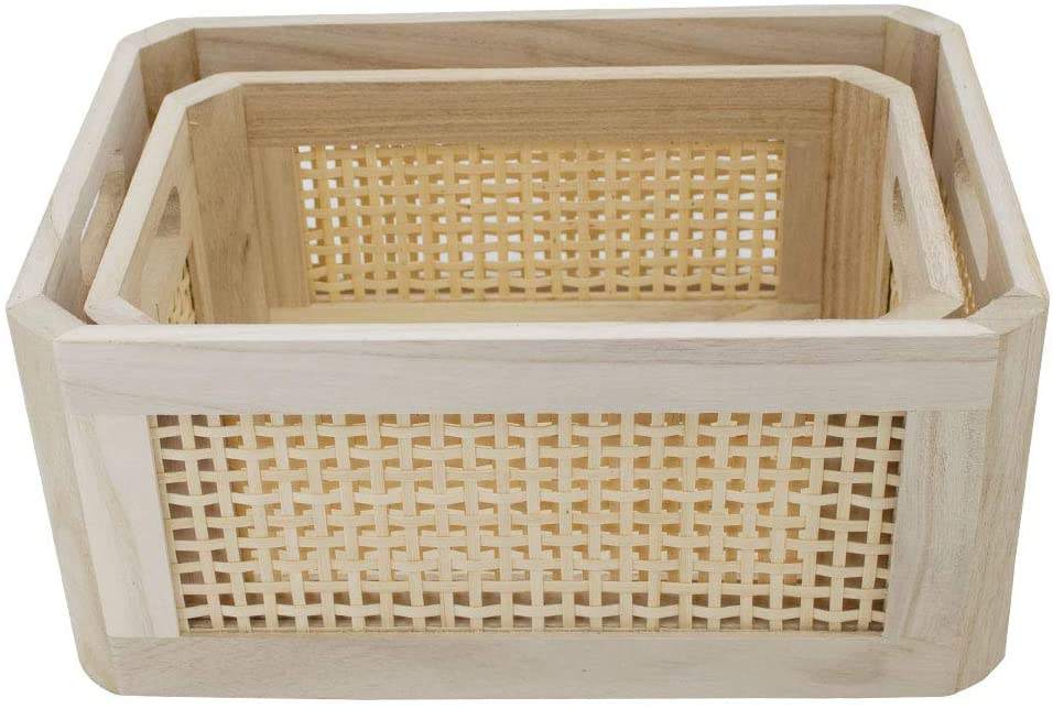 Desktop Storage Cane Basket, Wooden Bamboo Basket Sundry Office Drawer Storage Box, Wood Frame Storage Basket.