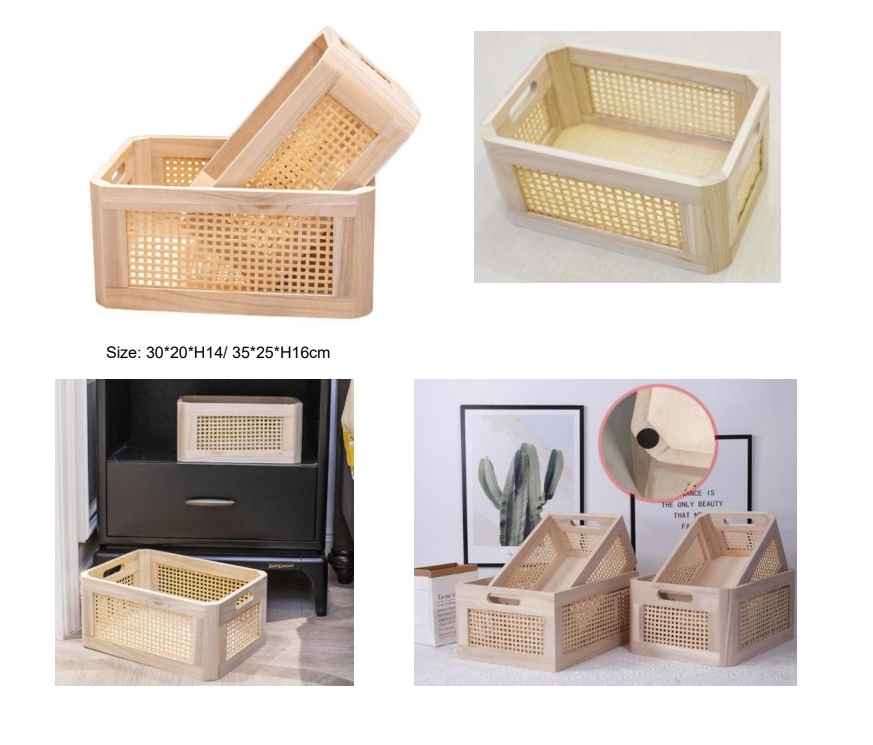 Desktop Storage Cane Basket, Wooden Bamboo Basket Sundry Office Drawer Storage Box, Wood Frame Storage Basket.